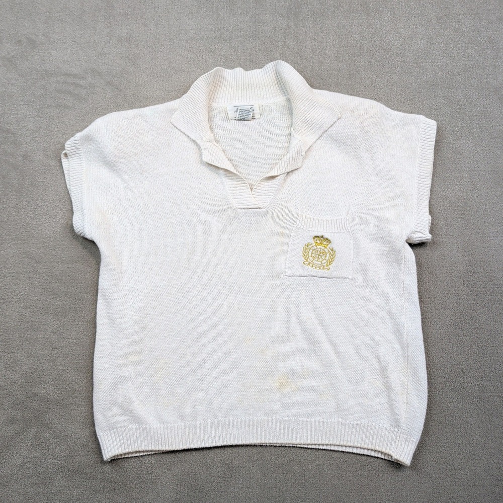 Margules Vintage Preppy Knit Sweater Vest Small White Ramie Cotton Crest Crest